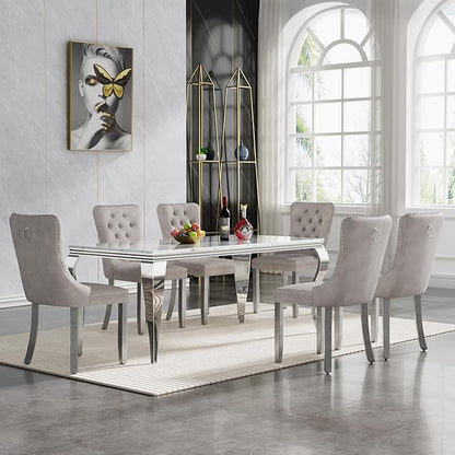 Goujxcy 70" Marble Dining Table Set for 6, Modern 7 Piece Dining Room Table Set with White Faux Marble Dining Table & 6 Grey Velvet Upholstered Chairs, Luxury Silver Kitchen Table Chairs Set of 6
