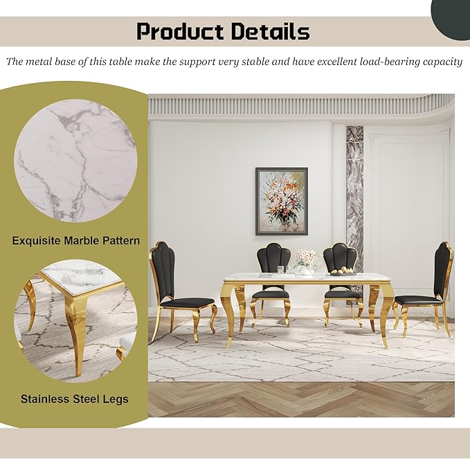 Dining Table Set for 6, 7-Piece Kitchen Table Chairs Set, Modern Dining Room Set with 70'' Marble Dinner Table and 6 Petaloid Backrest Upholstered Chairs for Kitchen, Black & Gold