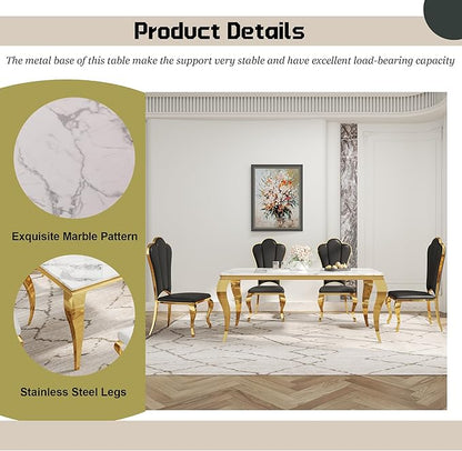Dining Table Set for 6, 7-Piece Kitchen Table Chairs Set, Modern Dining Room Set with 70'' Marble Dinner Table and 6 Petaloid Backrest Upholstered Chairs for Kitchen, Black & Gold