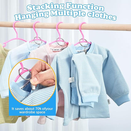 Baby Hangers with Metal Ring Clips, Children Plastic Hanger for Kids Pants Clothes Closet, 20 Pack, Rose red