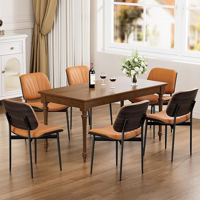 Dining Chairs Set of 2, Mid Century Modern Dining Room and Kitchen Chairs, Upholstered PU Leather Chairs with Walnut Bentwood and Metal Legs, Orange