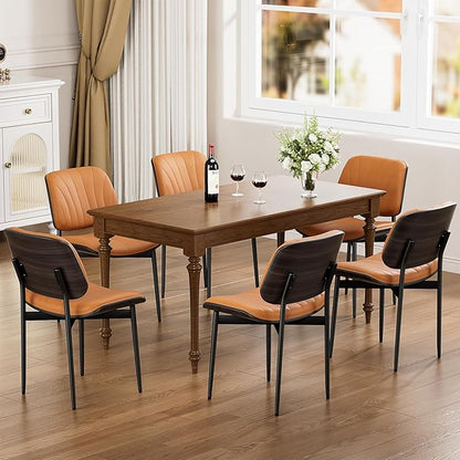 Dining Chairs Set of 2, Mid Century Modern Dining Room and Kitchen Chairs, Upholstered PU Leather Chairs with Walnut Bentwood and Metal Legs, Orange