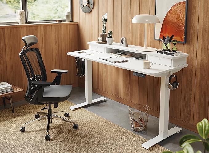 FEZIBO 55 x 24 Inch Height Adjustable Electric Standing Desk with Double Drawer, Computer Desk, Home Office Stand Up Table with 4 Height-Adjustable Feets & 2 Hooks, White