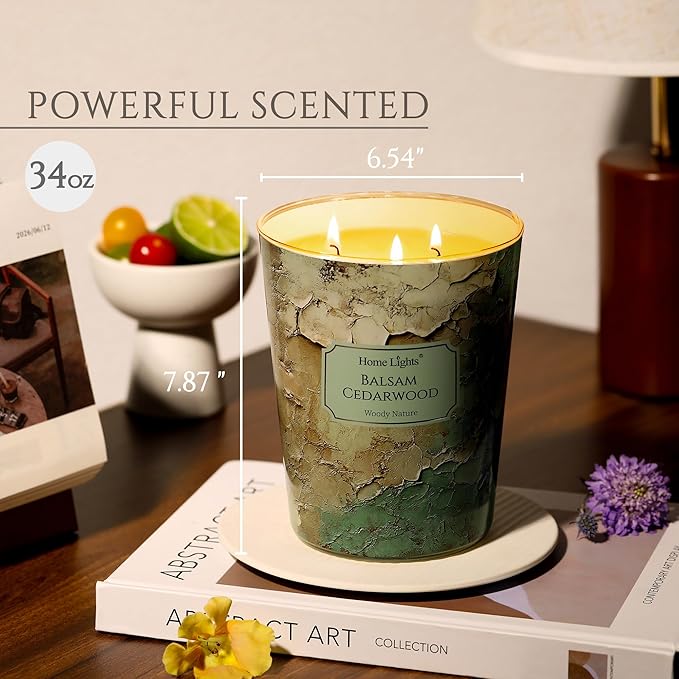 HomeLights Balsam Cedarwood Scented Candles | 34oz Soy Candles Industrial Chic 3-Wick Large Candle Jars | Ideal Candle Gifts for Events, Home Decor Stress, Relief & Relaxation