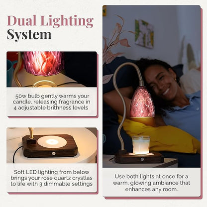 CRYSTALAX Candle Warmer Lamp with Rose Quartz Crystals – Luxury Flameless Candle Melting Lamp for Home Décor, Aromatherapy & Relaxation – Timer, Touch Sensor & 2 Bulbs Included with luxury gifting box