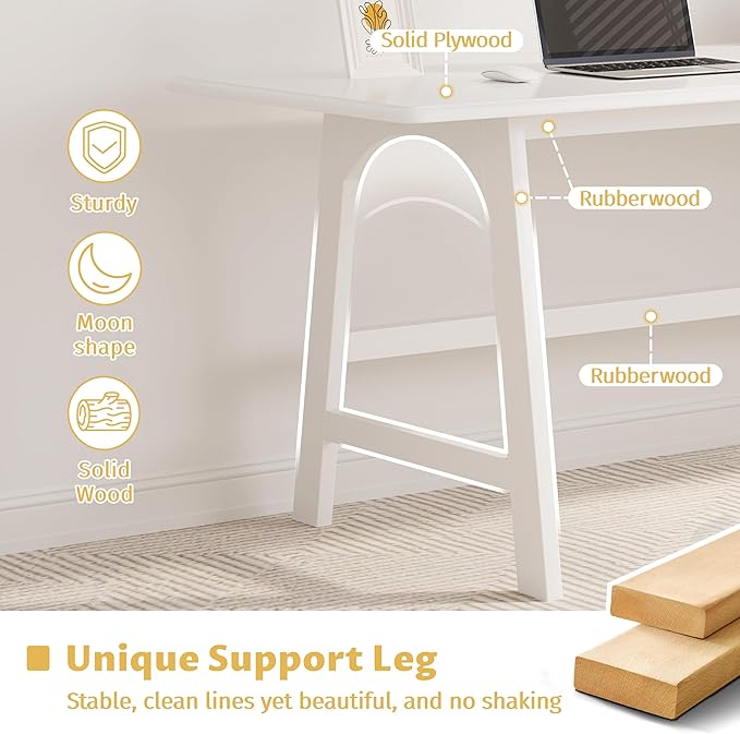 IOTXY Solid Wood Writing Table - 60" W x 24" D Minimalist Computer Desk for Home Office, Work, Study, Creativity, and PC Workstation, White