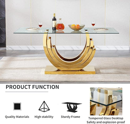 7 Piece Dining Table Set with 6 Beige Dining Chairs, Modern Glass Kitchen Table and Chairs Set for 6, 70" Rectangle Gold Glass Pedestal Dining Room Tables with Ring-Shape Stainless Steel Base