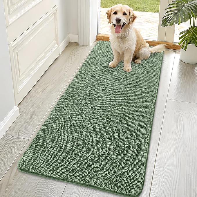 OLANLY Dog Door Mat for Muddy Paws 70x35, Absorbs Moisture and Dirt, Absorbent Non-Slip Washable Doormat, Quick Dry Chenille Mud Mat, Entry Indoor Entryway Carpet for Inside Floor, Olive Green