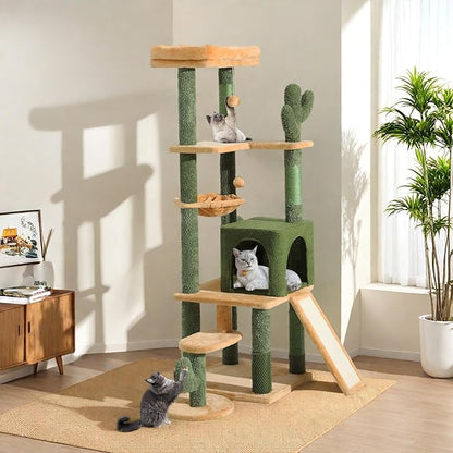 YITAHOME 60in Cactus Cat Tree: Multi-Level Tall Kitty Tower Indoor, Large Kitten Condo with Plush Platform, Hammock, Scratching Posts, and Dangling Balls for 2-3 Cats