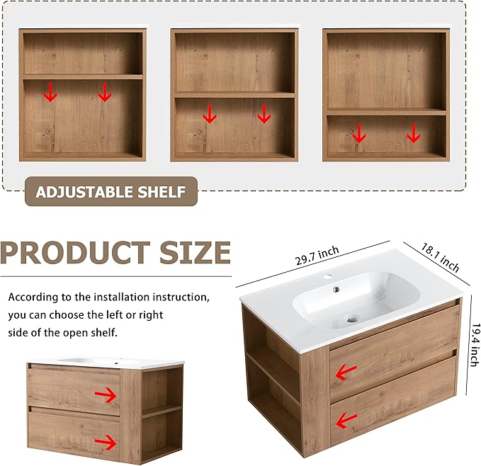 Goujxcy 30" Wall Mounted Bathroom Vanity with Sink, Modern Floating Bathroom Cabinet with White Gel Basin and Storage Drawer/Adjustable Side Shelf, Soft-Closing Door Wood Hanging Bath Room Cabinet