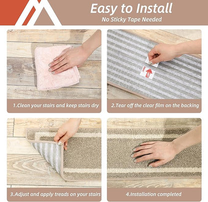 COSY HOMEER Soft Stair Treads Non-Slip Carpet Mat 28inX9in Indoor Stair Runners for Wooden Steps,Stair Rugs for Kids and Dogs, 100% Polyester TPE Backing 10pcs,Beige,Square
