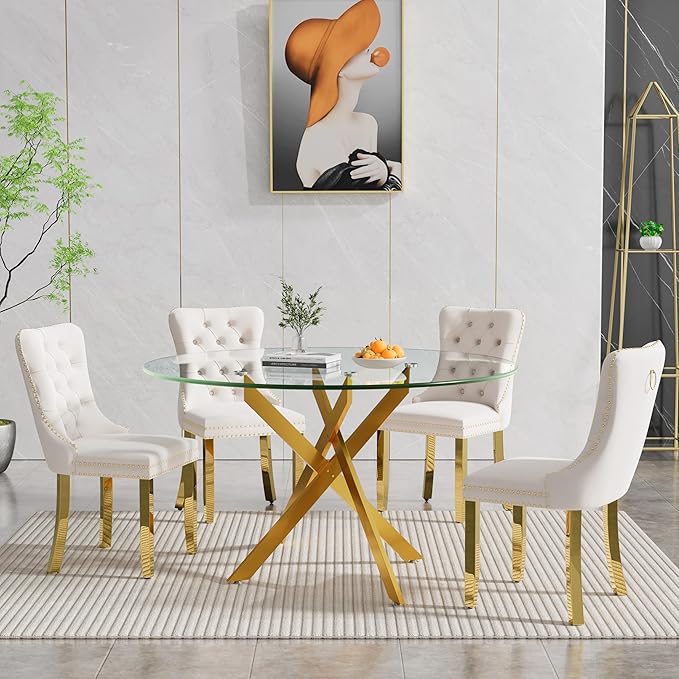 Goujxcy 5 Piece Round Glass Dining Table Set for 4, 47" Round Dining Table & Chair Set Modern Circle Glass Kitchen Table and 4 Velvet Upholstered Chairs for Kitchen Dining (Gold Table & Beige Chair)