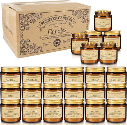 Scented Candle Set 24 Pack, Candle for Home Scented, Odor Eliminating, Stress Relief, Long Lasting Soy Wax Gift Set