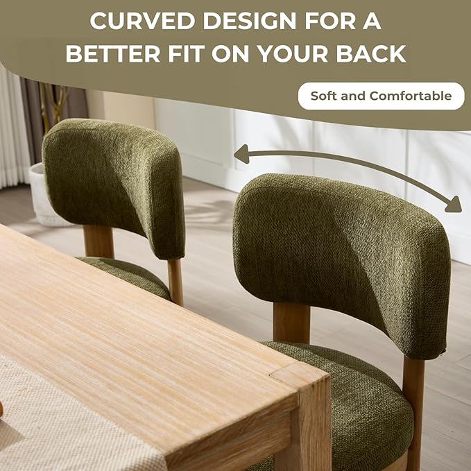 Green Upholstered Dining Chairs Set of 2 Chenille Fabric Dining Room Chairs Modern Barrel Kitchen Chairs with Curved Backrest and Wooden Legs