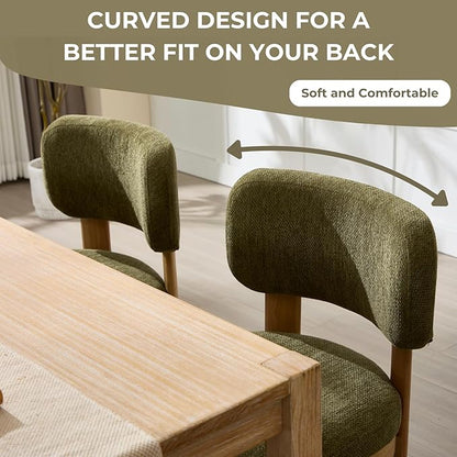 Green Upholstered Dining Chairs Set of 2 Chenille Fabric Dining Room Chairs Modern Barrel Kitchen Chairs with Curved Backrest and Wooden Legs