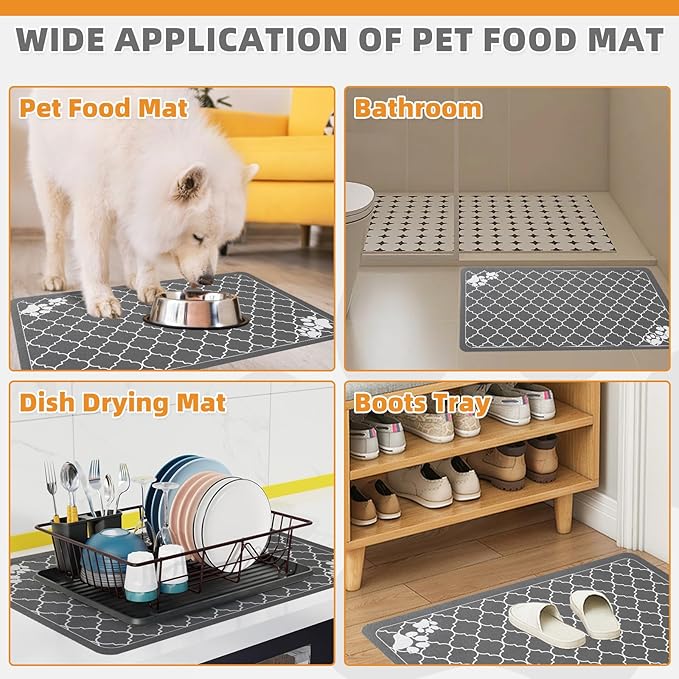 KOOLTAIL Dog Food Mat, 2 Pack Absorbent Pet Feeding Mat for Food and Water Bowls, Placement Pad for Floors with Waterproof Rubber Backing, Quick Dry Water Dispenser Mat for Dogs Cats, Grey, 12"x20"