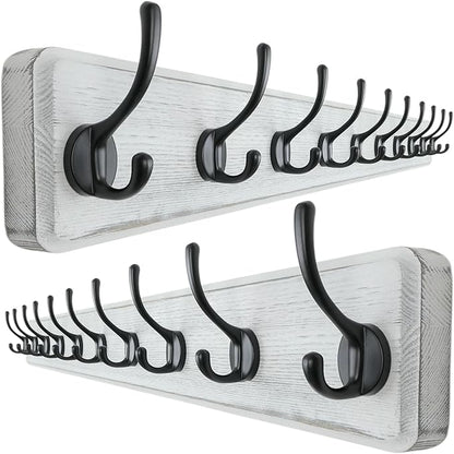 Dseap Wall Mounted Coat Rack: 38-1/4" Long, Patented, Heavy-Duty, 10-Double-Hooks Wooden Hanger Rail for Winter Coats, Hat, Jacket, Clothing - White & Black, Pack of 2