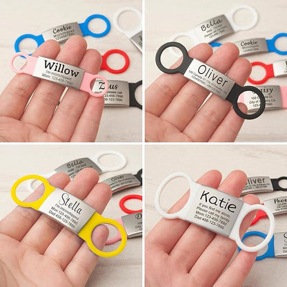 Anavia Slide On Silent Pet ID Tags, S/M/L/XL Personalized Multi-Color Silicone Band Cat Dog Name Tags, Customized Engraved Stainless Steel, Chew-Proof Quiet Dog Collar Tags (Yellow, Small)