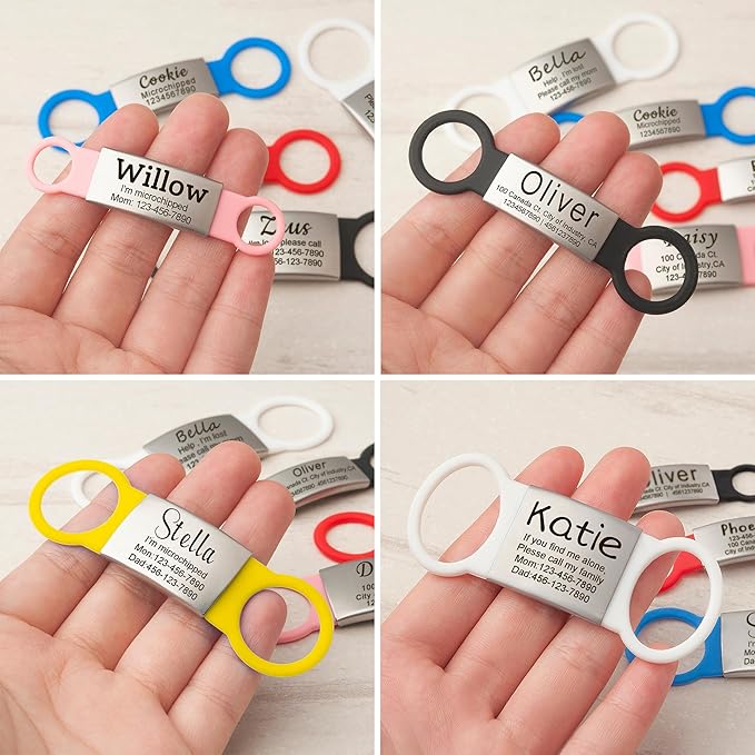 Anavia Slide On Silent Pet ID Tags, S/M/L/XL Personalized Multi-Color Silicone Band Cat Dog Name Tags, Customized Engraved Stainless Steel, Chew-Proof Quiet Dog Collar Tags (Small, White)