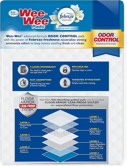 Four Paws Wee-Wee Odor Control Dog Pee Pads with Febreze Freshness | 10 count, spring fresh scent, neutralizes ammonia odors, pee pads for dogs & puppies, dog housebreaking, 22" x 23"