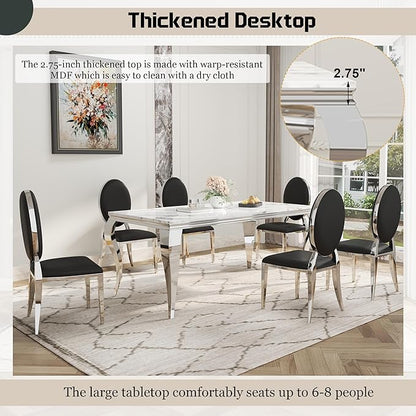 7-Piece Dining Table Set for 6, Faux Marble Modern Dining Table Set with 6 Round Backrest Upholstered Chairs, 70“ Stainless Steel Legs Table & Chair Set for Kitchen, Black & Silver