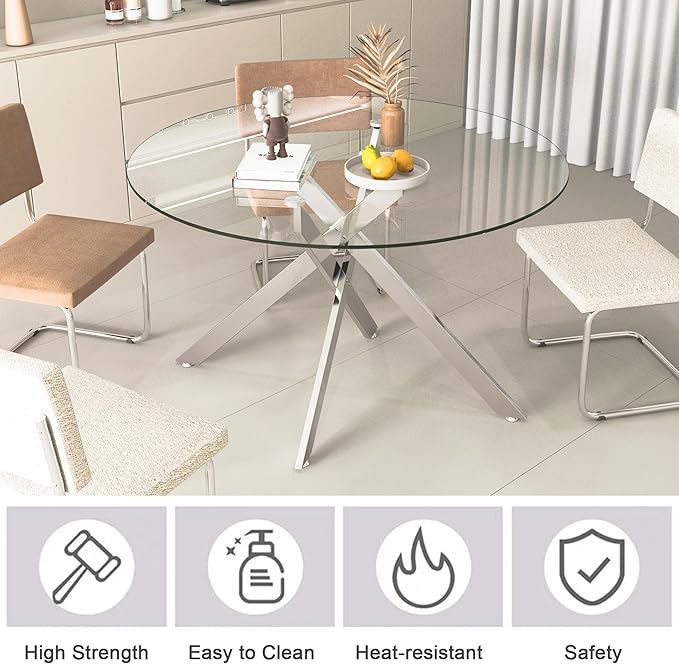 Goujxcy Round Dining Table Set for 6, Modern Glass Kitchen Table and Chairs Set of 6, 7 Piece Dining Room Table Set with 47" Circle Silver Metal Glass Dinner Table and 6 White Leather Dining Chairs