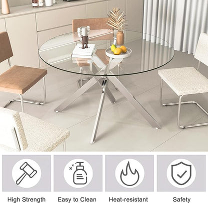 Goujxcy Round Dining Table Set for 6, Modern Glass Kitchen Table and Chairs Set of 6, 7 Piece Dining Room Table Set with 47" Circle Silver Metal Glass Dinner Table and 6 Grey Leather Dining Chairs