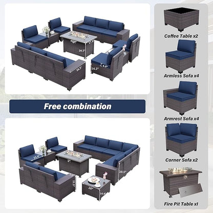 Kurapika 13 Pieces Patio Furniture Set, Rattan Wicker Outdoor Conversation Sets w/43in Propane Fire Pit Table(Navy Blue)