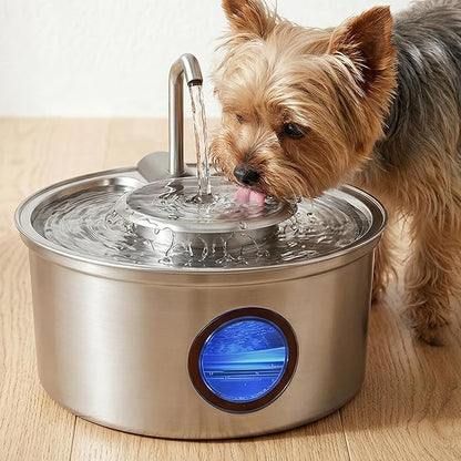 Cat Water Fountain,108oz/3.2L Stainless Steel Cat Fountain and Removable Water Bowl,Pet Fountain with Water Level Window,Quiet Pump,Multi-Filter, Water Tap, Provides Flowing,for Dog Cats