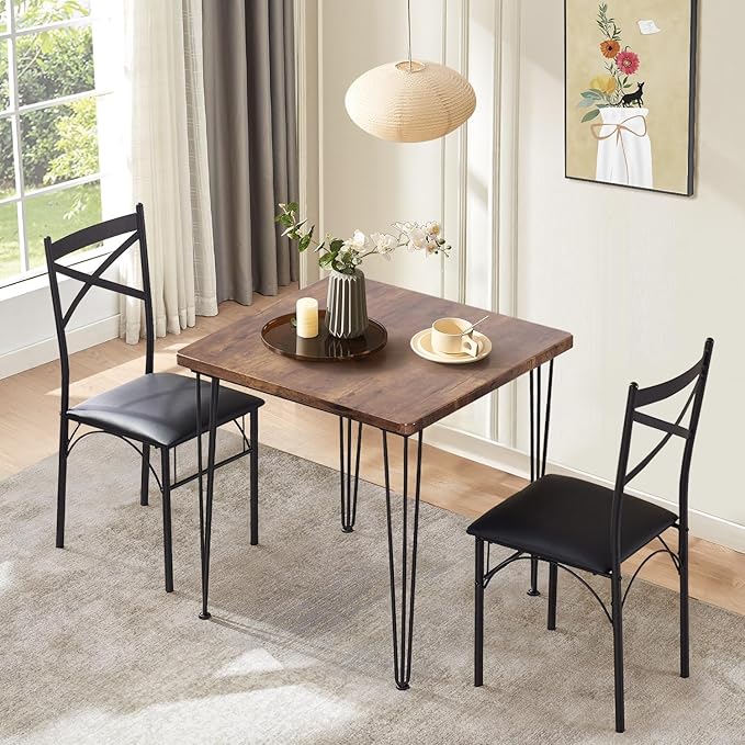 VECELO 3-Piece Dining Table Set for Home Kitchen Small Space Breakfast Nook, 2 Faux Leather Metal Frame Chairs, Classic Brown,Set for 2