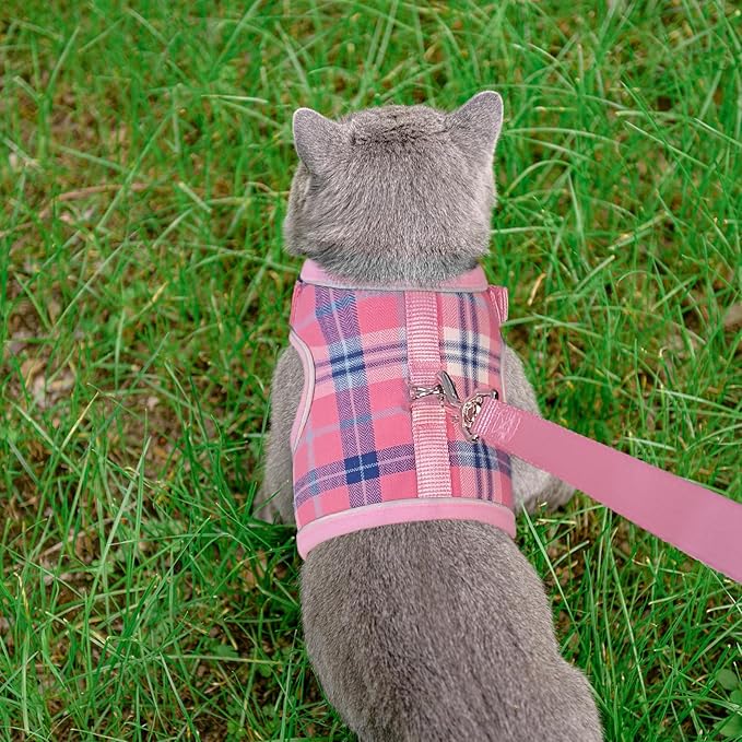 PUPTECK Soft Mesh Cat Vest Harness and Leash Set Puppy Padded Pet Harnesses Escape Proof for Cats Small Dogs Rabbits Bunny, Plaid Pink, L