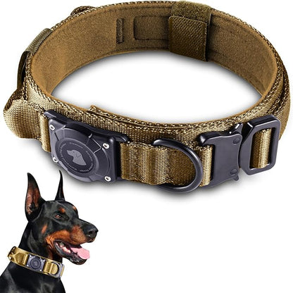 2026 Upgrade Waterproof AirTag Dog Collar, Military Tactical Dog Collar with AirTag Holder, Comfortable Control Handle and Metal Buckle, GPS Dog Collar Holder for Medium to Large Dogs (Khaki,X L)