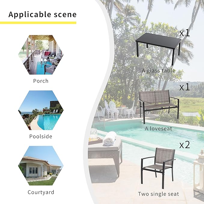 Shintenchi 4 Pieces Patio Furniture Set All Weather Textile Fabric Outdoor Conversation Set, with Glass Coffee Table, Loveseat, 2 Single Chairs for Home, Garden, Lawn, Porch（Tan）