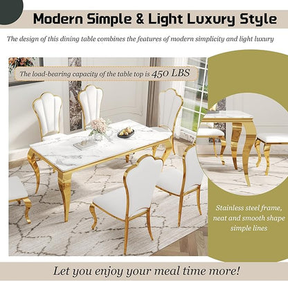 Dining Table Set for 6, 7-Piece Kitchen Table Chairs Set, Modern Dining Room Set with 70'' Marble Dinner Table and 6 Petaloid Backrest Upholstered Chairs for Kitchen, White & Gold