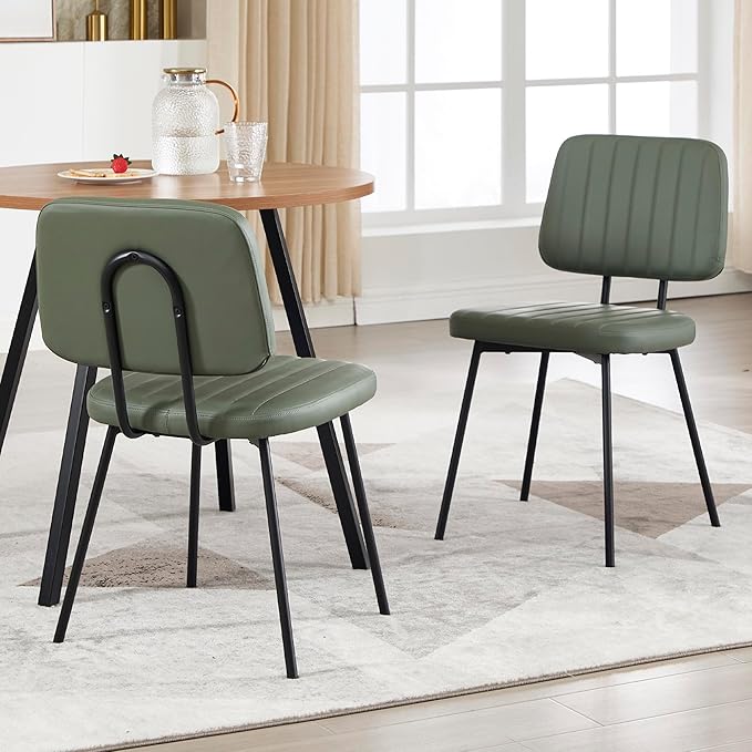 Dining Chairs Set of 2, Faux Leather Upholstered Dining Chairs, Mid Century Modern Kitchen Dining Room Accent Chairs with Curved Backrest and Steel Frame for Kitchen, Living Room - Green