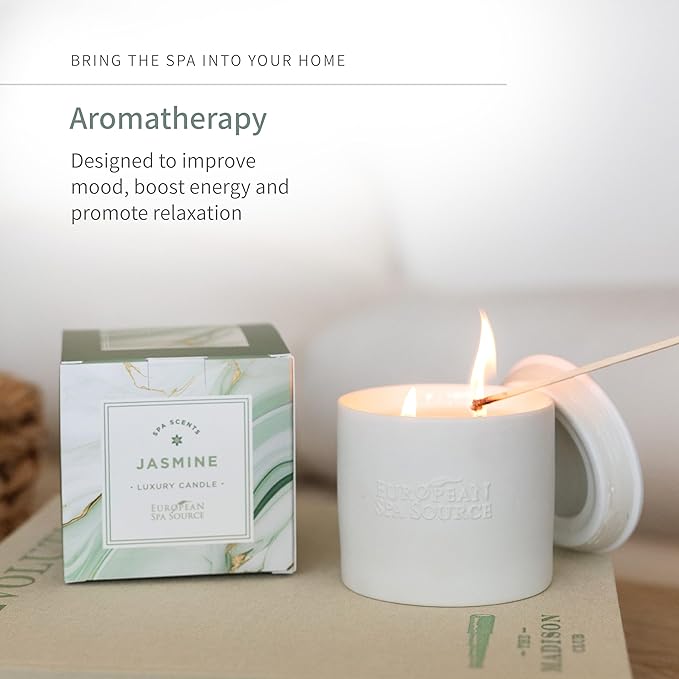 European Spa Source Jasmine Luxury Candle for Aromatherapy, Soy Wax Candle, Hand Poured, at Home Spa Experience Promoting Relaxation, 45 Hours of Burn Time