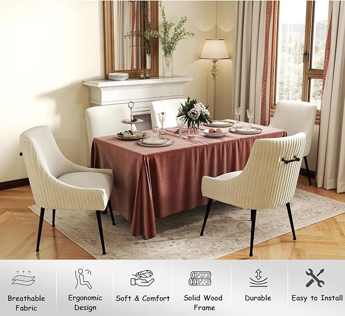 Velvet Dining Chairs Set of 2,Beige Upholstered Living Room Chairs with Black Metal Legs, Modern Tufted Accent Chairs for Living Room, Study Room, Kitchen