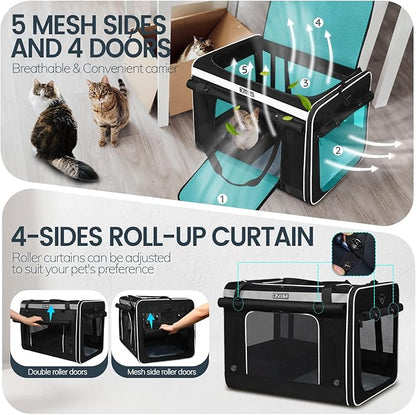 Petskd Extra Large Cat Carrier with Wheels and Litter Box, 24"x17"x17" Rolling Soft Carrier Until 55LBS Pets with 5 Breathable Mesh Windows and Locking Zippers for Long Distance Car Travel(Black)