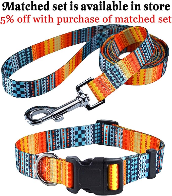 Dog Collar with Bohemia Floral Tribal Geometric Patterns - Soft Ethnic Style Collar Adjustable for Small Medium Large Dogs(Bohemian Orange,S)