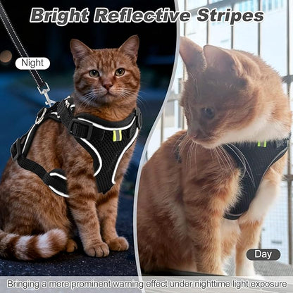 Kitten Cat Harness and Leash Set, Escape Proof Soft 4-Adjustable Cat Walking Vest Harness, Reflective Strips in Harness for Kitty Puppy Bunny Car Travel, with Car Seatbelt Leash (Black, XXS)