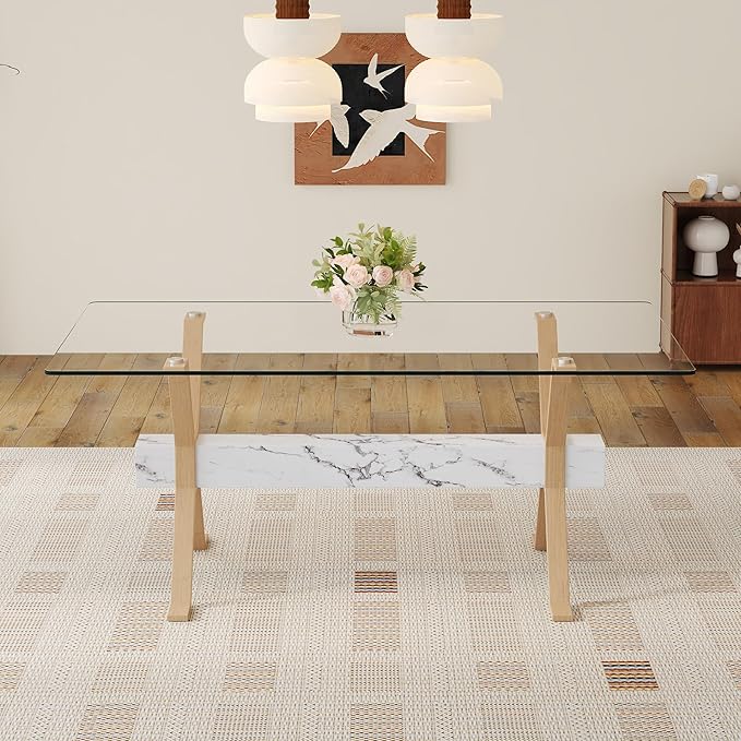Glass Dining Table 71"｜Modern Dining Table for 6-8｜0.4" Thick Tempered Glass Top｜Wood Pattern Metal Legs｜Marble Crossbar｜Easy Assembly｜Perfect for Dining Room or Kitchen