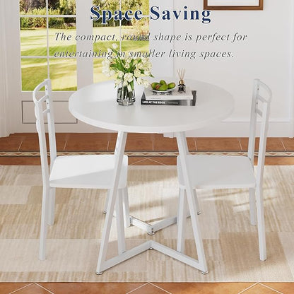 VECELO Small Round Dining Table Set for 2, Wood Tabletop with Strong Metal Frame, Modern Dinette with Chairs for Kitchen, Breakfast Nook Living Room, Pure White