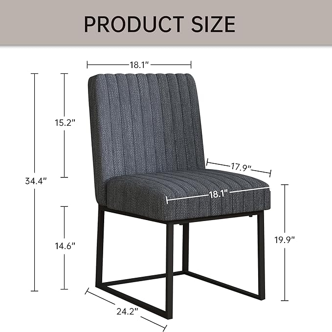 VKNOW Upholstered Dining Chairs Set of 4, Modern Dining Room Chairs with Stripe, Linen Kitchen Chair Dinner Chair with Black Metal Base for Kitchen Office, Dark Grey