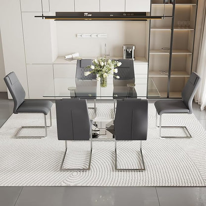 AZmac 63” Glass Dining Room Table Set for 6, Modern Kitchen Table and Chairs Set of 6, Dining Sets with Rectangular Tempered Glass and Sturdy Silver Chrome Base, for Kitchen Home