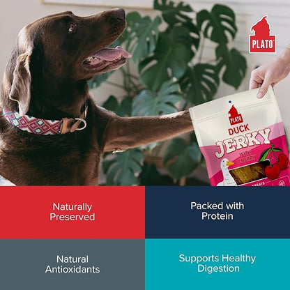 PLATO Pet Treats - Air-Dried Jerky - Delicious, Real Meat Dog Treats - Grain Free - Supports Healthy Digestion - Duck with Cherry 16oz