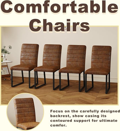 Modern Dining Chairs Set of 4, White Faux Leather Kitchen Chairs, Upholstered Armless Dining Room Chair with Gold Mental Legs Heavy Duty, Comfortable (Brown Chiars, Set of 4)