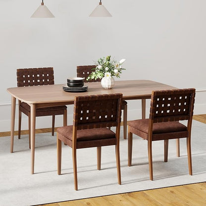 Woven Faux Leather Dining Chairs Set of 4, Farmhouse Upholstered Kitchen Chairs with Wooden Legs Armless Accent Side Chairs for Dining Room/Restaurant, Brown