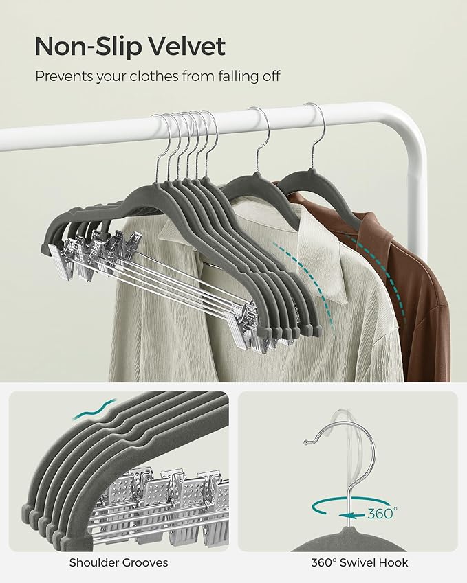 SONGMICS 20-Pack Pants Hangers, 16.7-Inch Long Velvet Hangers with Adjustable Clips, Heavy-Duty, Non-Slip Skirt Hangers, Space-Saving for Pants, Skirts, Coats, Dresses, Gray UCRF012G20