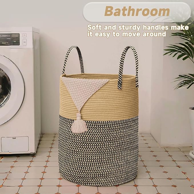 Large Woven Laundry Basket Hamper,60L Cotton Rope Storage Bin for Blankets,Toys and Clothes,Decorative Tall Nursery Hamper for Living Room,Baby Nursery,Bathroom and Bedroom,Brown and Black