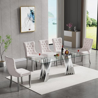 Goujxcy Modern 5 Piece Glass Dining Table Set Luxury Glass Kitchen Table and Chair Set for 4, 70" Large Rectangular Dining Room Table with 4 Tufted Chairs and Stainless Steel Legs (Silver & Beige)